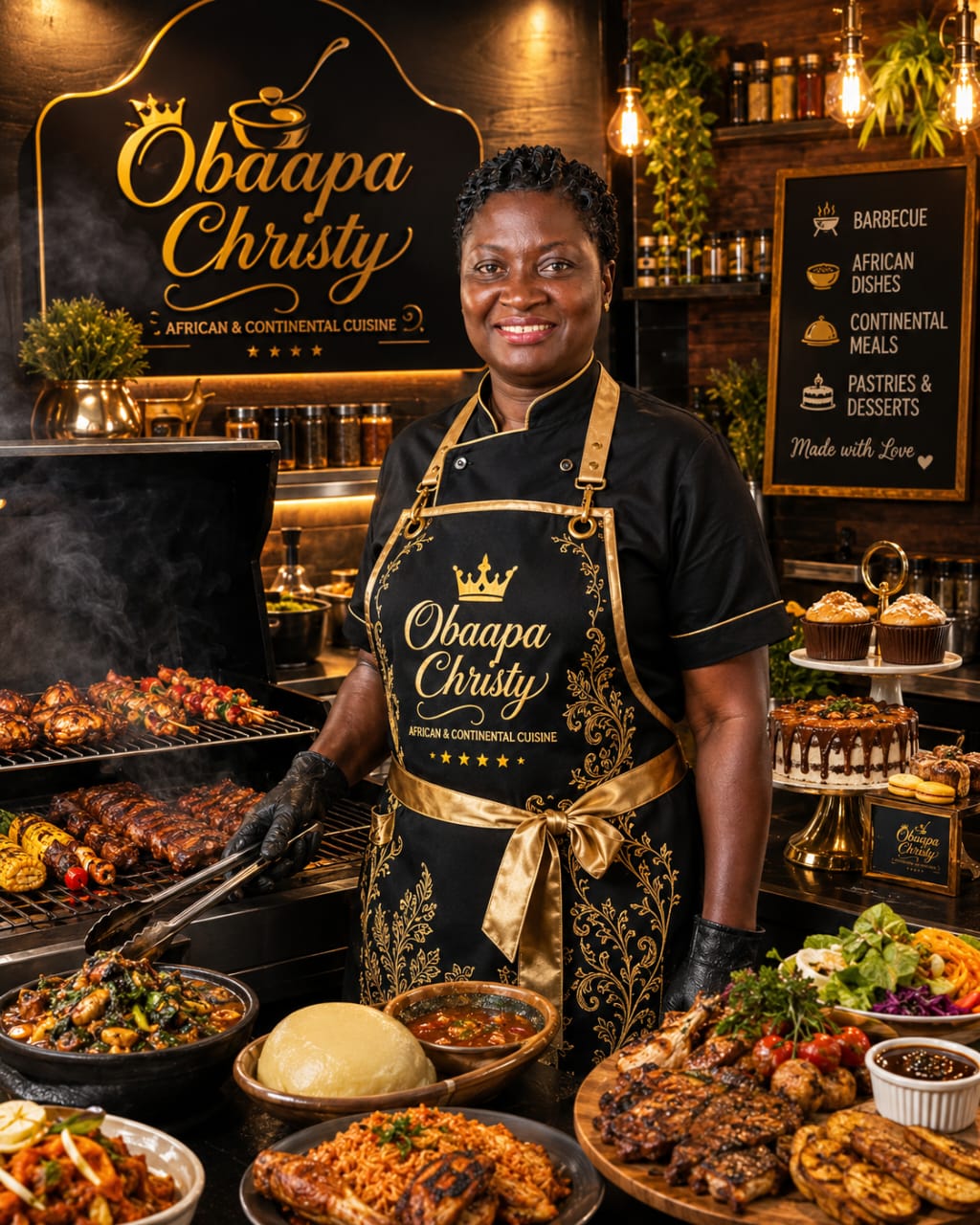 Obaapa Christy at her barbecue grill in her kitchen